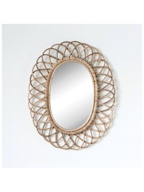 Creative Co-Op Woven Bamboo Oval Wall Mirror in Natural Beige 21.5” W x 19” H